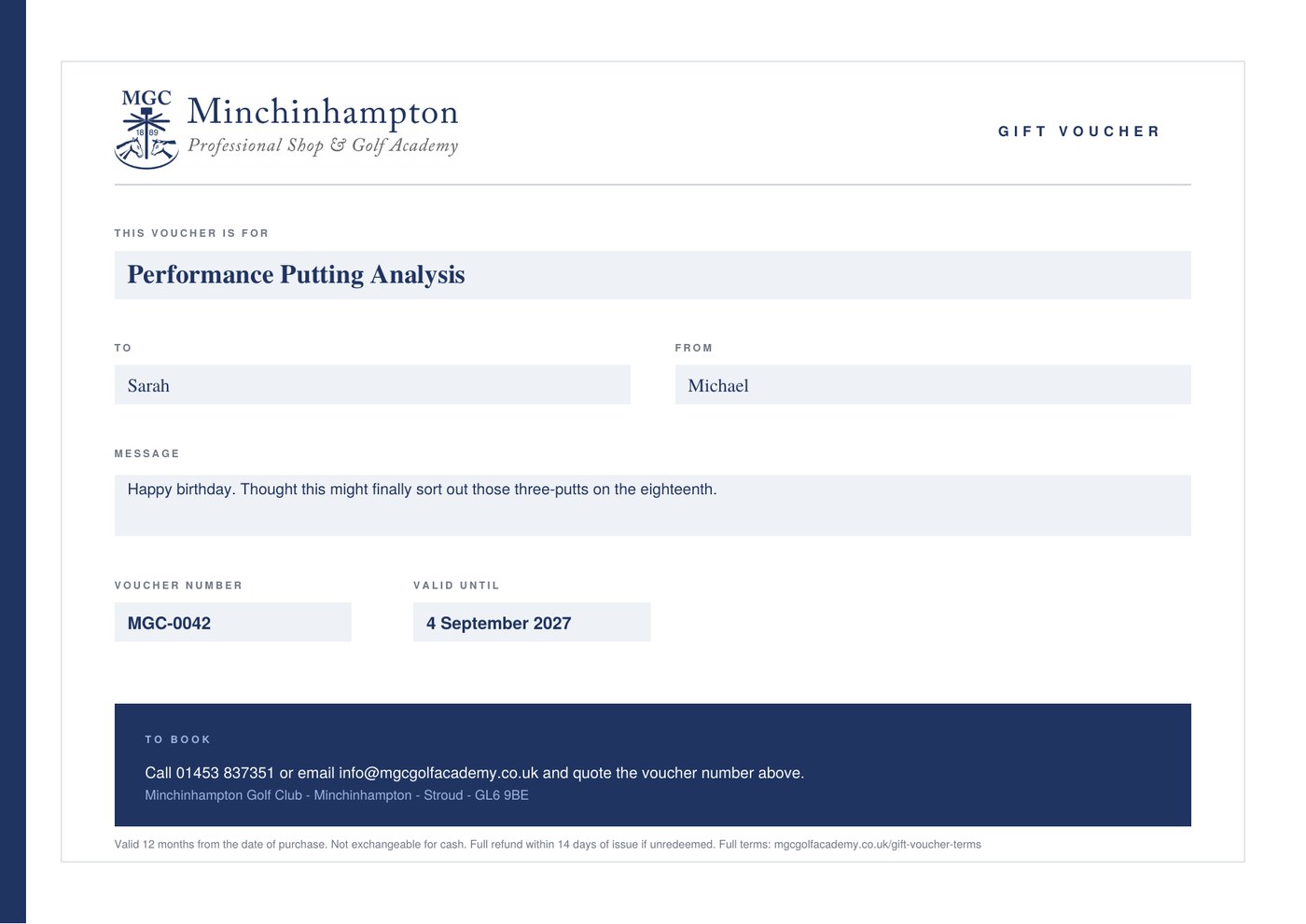 An example Minchinhampton Golf Academy gift voucher, showing the recipient name, gift message, voucher number and expiry date